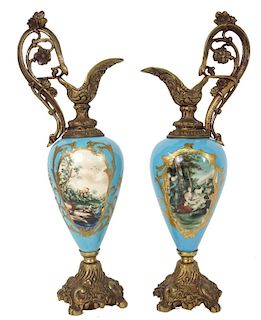 (2) Pair of French Sevres Style Handled Urns