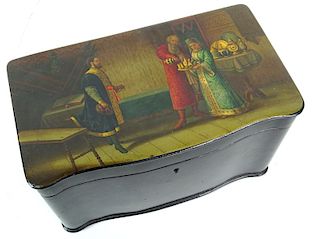 A Russian Lacquer Locking Tea Caddy "The Welcome"