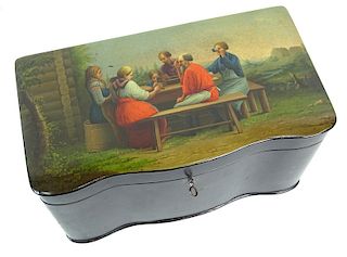 A Russian Lacquer Shaped Locking Tea Caddy "Dinner