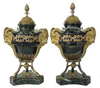 Louis XVI-style Marble Rams Head Garniture Urns