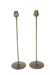(2) Tiffany Studios Bronze and Glass Candlesticks