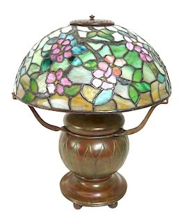 Signed Art Glass Shade And Signed Bronze Lamp Base