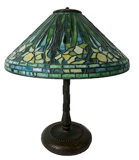 Signed Art Glass Shade And Bronze Base