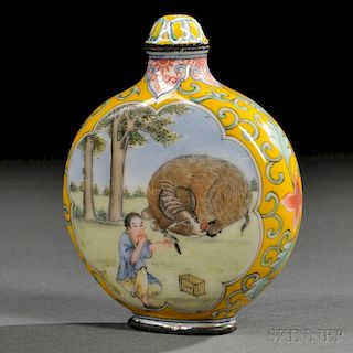 Canton Enamel Snuff Bottle with a Boy and Ox