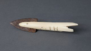 Eskimo Walrus Ivory and Metal Fish Spear Head, circa 1870