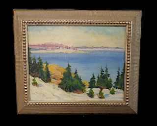 OIL ON BOARD WINTER LANDSCAPE WITH PINE TREES SGN. INDISTINCTLY 