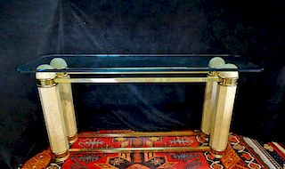 MID CENTURY BRASS & TRAVERTINE CONSOLE TABLE WITH GLASS TOP 