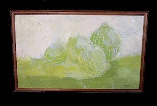 CORZANDER (?) SGN. OIL ON PANEL ABSTRACT STILL LIFE IN GREEN 