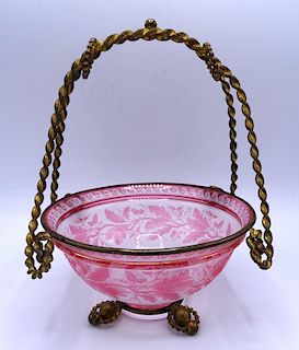 CAMEO GLASS BASKET WITH BRASS HANDLE 