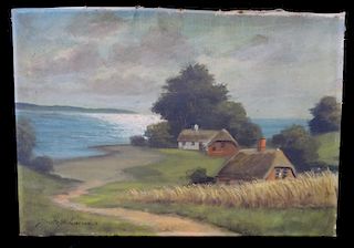 S. LARSEN  SGN. OIL ON CANVAS LANDSCAPE WITH HOUSES