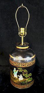 ORIENTAL STYLE DECORATED TOLE CANNISTER LAMP 