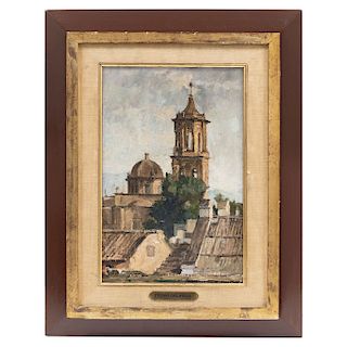 PEDRO GALARZA DURÁN (GUADALAJARA, JALISCO, 1887-1977) TOWER OF SAN FELIPE NERI, GUADALAJARA. Oil on canvas. Framed. 11.6 x 7.4 in