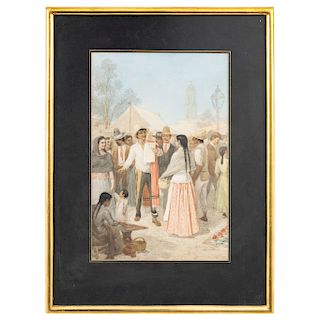 JESUS MARTINEZ CARRIÓN (MEXICO, 1860 - 1906) ROMANCE POPULAR, 1895. Pencil and watercolor on paper. Signed and dated. 12.7 x 8.6 in