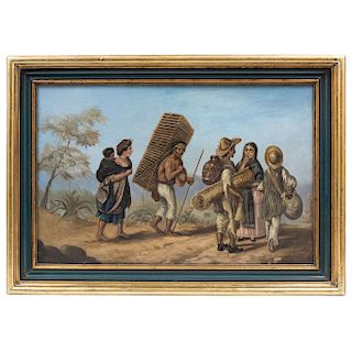 INDIOS CARBONEROS. MEXICO, 20TH CENTURY. Oil on canvas. 17.3 x 26.3 in