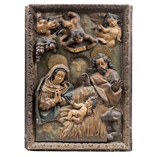 THE NATIVITY. MEXICO, EARLY 20TH CENTURY. High relief, painted in wood. 63 x 30.7 in