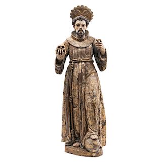 SAN FRANCISCO. MEXICO, 19TH CENTURY. Carved wooden figure, polychromed, with golden details. 44.4 in tall