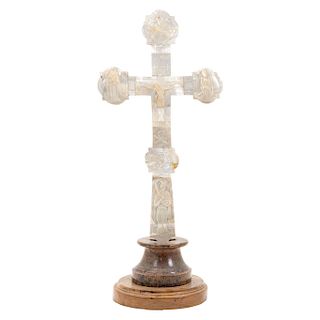 CRUCIFIX. EARLY 20TH CENTURY. Wood, mother-of-pearl details. Crucifixion scene, virgins and Holy Father. 19.6 in tall