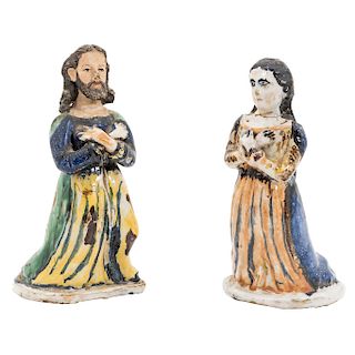 SAINT JOSEPH AND THE VIRGIN. 20TH CENTURY. Ceramics partially enamelled. 8.6 in tall each one