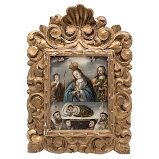 VIRGIN MARY, SAINT JOSEPH, JOHN THE BAPTIST AND SAINTS SAVE THE DREAM OF JESUS CHILD. MEXICO, 17TH/18TH CENTURY. Oil on metal plate. 8.8 x 6.6 in