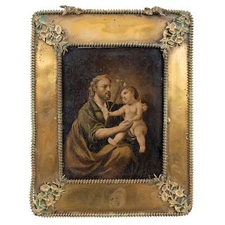 SAINT JOSEPH AND CHILD. MEXICO, END OF THE 18TH CENTURY. Oil on copper plate. 5 x 4 in
