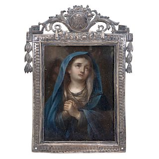 THE SORROWFUL VIRGIN. MEXICO, BEGINNING OF THE 19TH CENTURY. Oil on zinc plate. Silver frame. 5 x 3.5 in