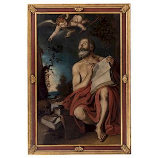 JOSEPH SANTANDER (MEXICO, 17TH-18TH CENTURY) SAINT GEROME. Oil on canvas. Signed. 60.2 x 38 in