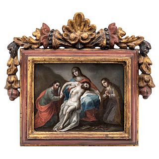 ATTRIBUTTED TO JOSE DE PÁEZ (MEXICO, 18TH CENTURY). THE PIETY. Oil on copper plate. Frame with golden frame. 5 x 6.6 in
