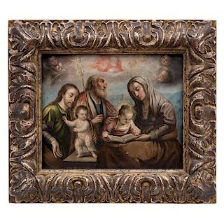 FRANCISCO MARTÍNEZ (MEXICO, 1717-1758). THE HOLY FAMILY WITH SAINT ANNE, SAINT JOACHIM AND VIRGIN MARY AS A CHILD. Oil on metal plate. 8.2 x 10.2 in