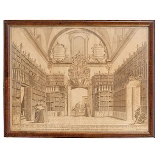 MIGUEL JERÓNIMO DE ZENDEJAS (MEXICO, 1724-1815). INSIDE VIEW OF THE BIBLIOTECA PALAFOXIANA. MEXICO, 18TH CENTURY. Etching. Signed on the plate. 16 x 2