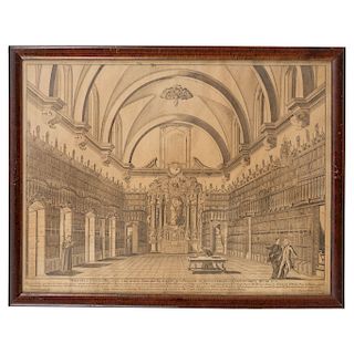 MIGUEL JERÓNIMO DE ZENDEJAS (MEXICO, 1724-1815). INSIDE OF THE  BIBLIOTECA PALAFOXIANA. MEXICO, 18TH CENTURY. Etching. Signed on the plate. 16 x 21 in