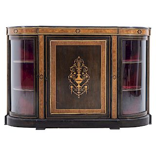 COMMODE. FRANCE, CIRCA 1900. Ebonized wood with golden details and glass side doors. 38.5 x 57.4 x 23.2 in