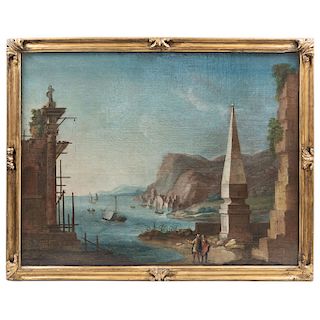 CAPRICCIO: RUINS AND PEOPLE IN THE EDGE OF THE SEA. ITALY, 19TH CENTURY. Oil on canvas.