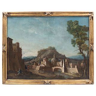CAPRICCIO: VILLAGE VIEW WITH BRIDGE AND PEOPLE. ITALY, 19TH CENTURY. Oil on canvas.