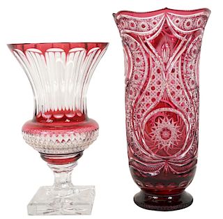 (2) Two Assorted Cut Crystal Cranberry Vases