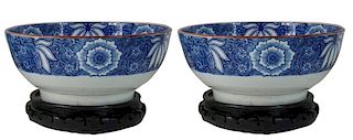 (2) Two Blue + White Porcelain Flower Bowls
