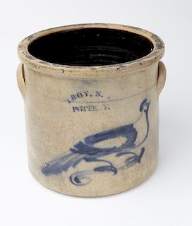 "Troy N.Y. Pottery" Cobalt Bird Decorated Two Handle Crock