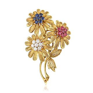 A Sapphire Ruby and Diamond Flower Brooch, Italian
