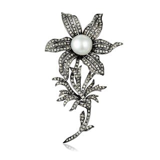 A Diamond and Cultured Pearl Flower Brooch