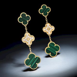 Van Cleef & Arpels Magic Alhambra Malachite and Diamond Earrings, 3 Motifs