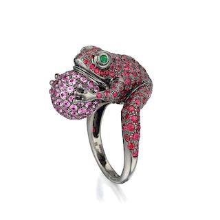Boucheron Ruby Pink Sapphire and Emerald Frog Ring
