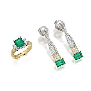 An Emerald and Diamond Ring and Earrings Set