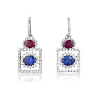 A Pair of Ruby Sapphire and Diamond Earrings