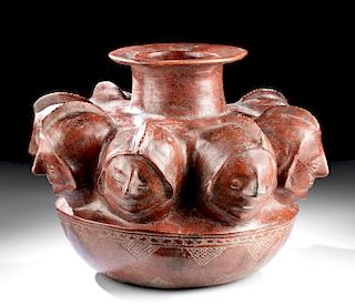 Superb Colima Pottery Vessel - 8 Heads w/ Helmets