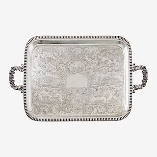 FINELY ENGRAVED AMERICAN COIN SILVER TWO-HANDLED TRAY
