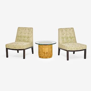 PAIR OF EDWARD WORMLEY FOR DUNBAR LOUNGE CHAIRS & SIDE TABLE;
