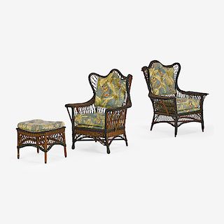 ASSOCIATED PAIR OF HEYWOOD WAKEFIELD (Attr.) RATTAN WING BACK CHAIRS