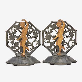 PAIR OF OSCAR BACH GILT & PATINATED BRONZE BOOKENDS