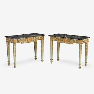 PAIR OF NEOCLASSICAL STYLE PAINTED AND PARCEL GILT CONSOLES