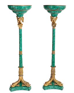 Pair of Empire style malachite veneered floor lamps