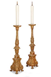 Pair Continental Baroque giltwood pricket lamps